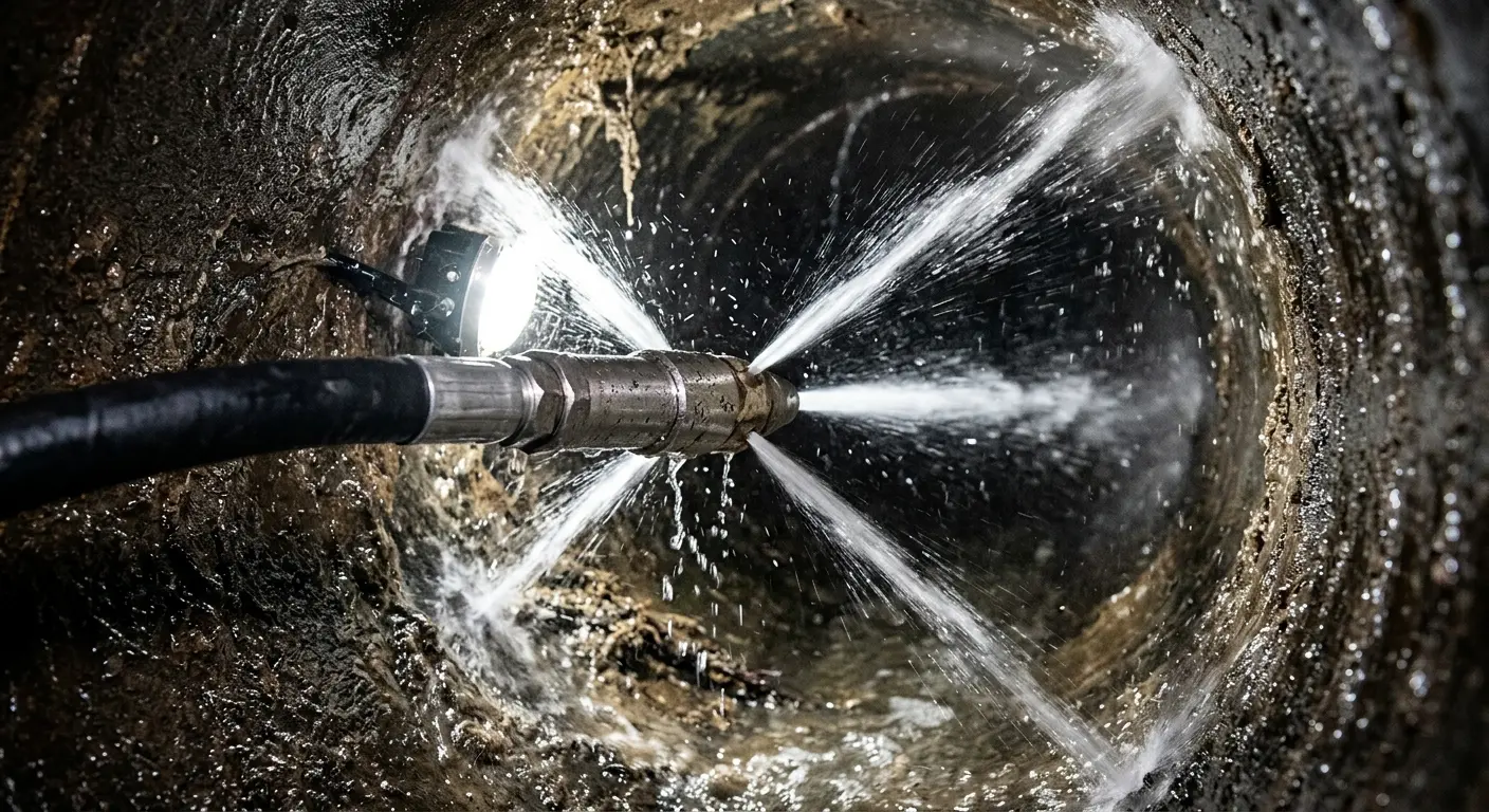 High-pressure hydro jetting nozzle cleaning sewer pipe for Sewer Cleanout in Midlothian
