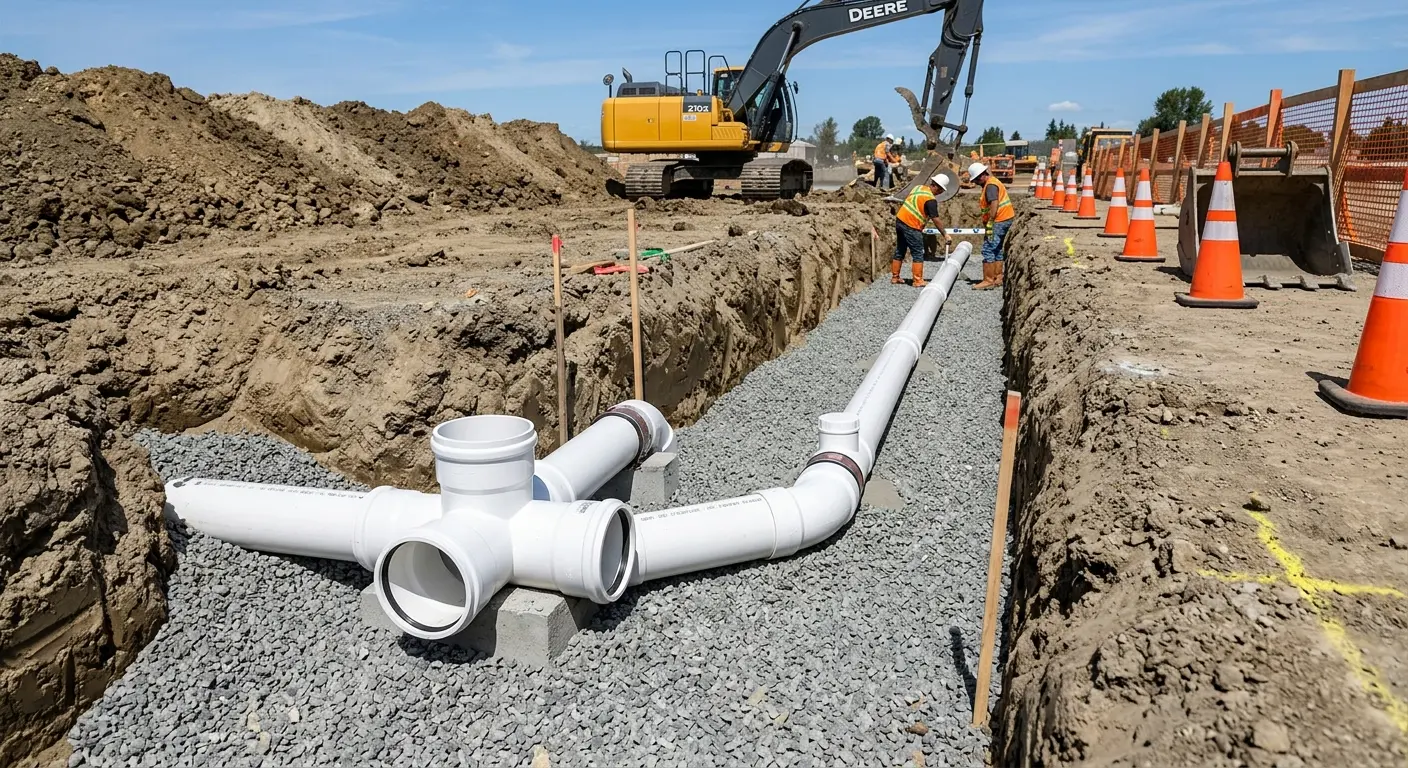 New PVC sewer pipe installation in open trench for Commercial Drain Cleaning in Midlothian