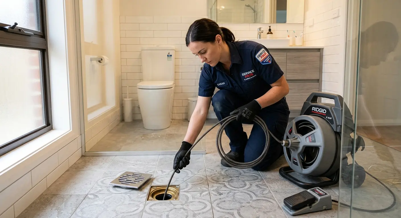 Technician clearing a bathroom floor drain for Hydro Jetting in Midlothian